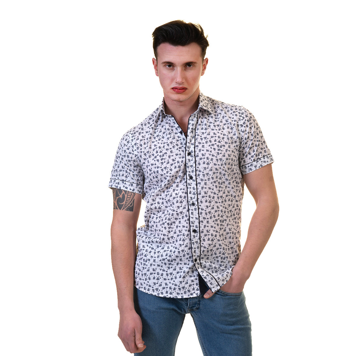 Black Dots Mens Short Sleeve Button up Shirts - Tailored Slim Fit Cotton Dress Shirts - Image 3