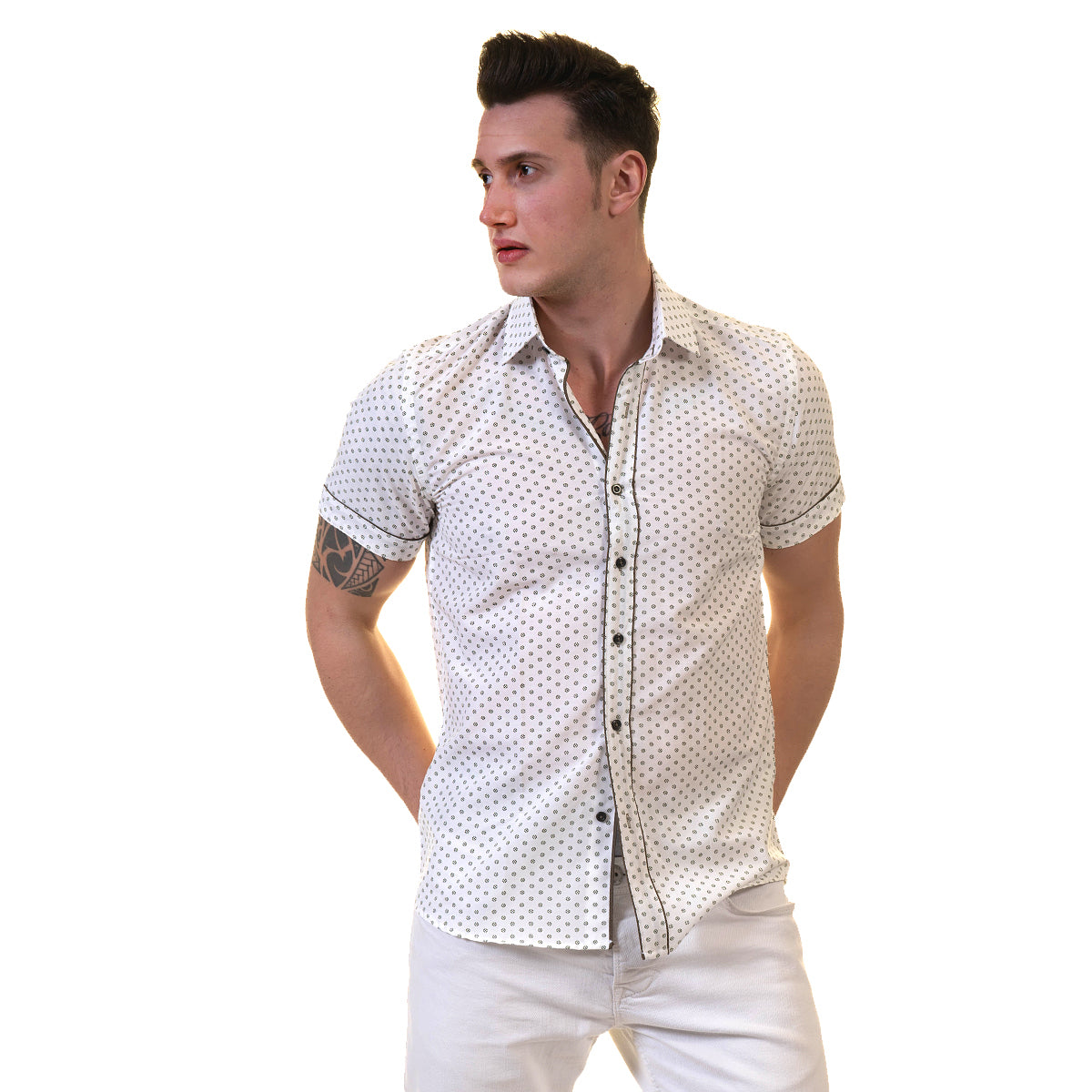 Off White Doted Mens Short Sleeve Button up Shirts - Tailored Slim Fit Cotton Dress Shirts - Image 4