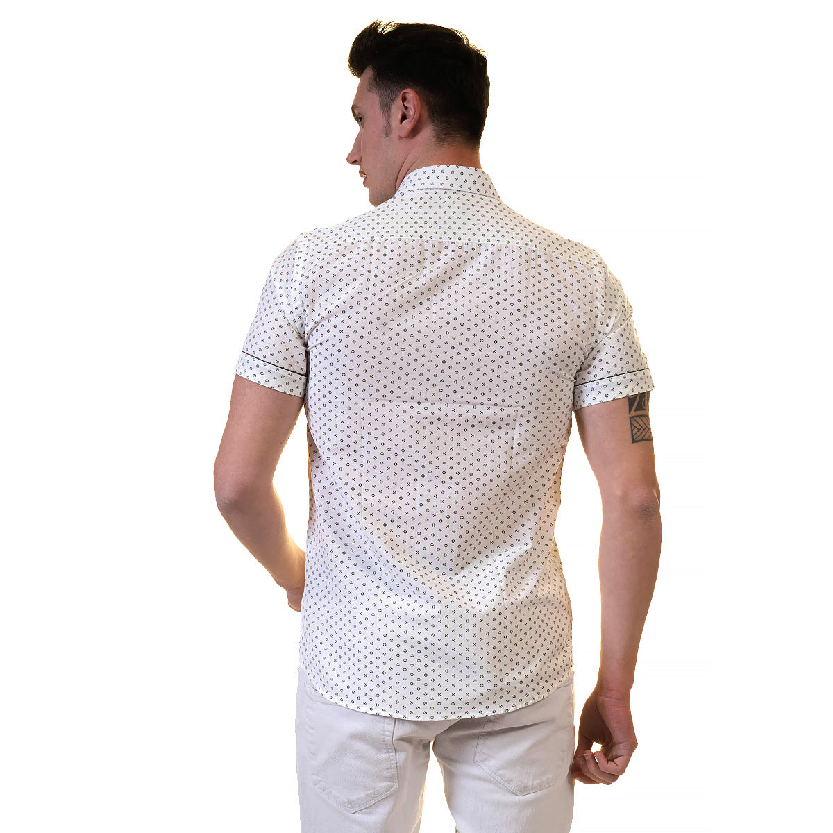 Off White Doted Mens Short Sleeve Button up Shirts - Tailored Slim Fit Cotton Dress Shirts - Image 5