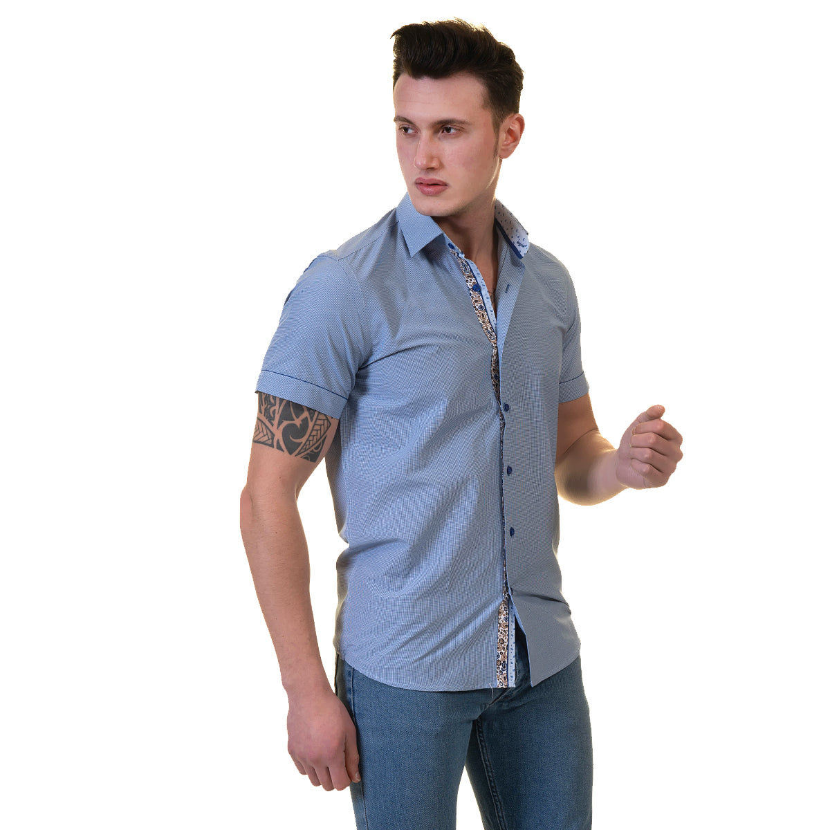 Blue Mens Short Sleeve Button up Shirts - Tailored Slim Fit Cotton French Cuff Shirts - Image 3