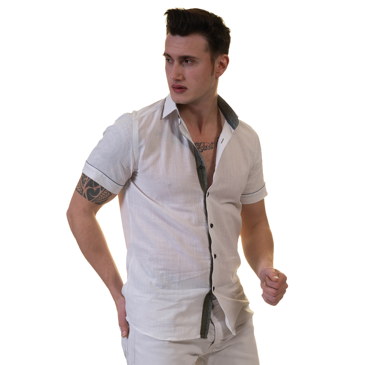White Mens Short Sleeve Button up Shirts - Tailored Slim Fit Cotton Dress Shirts - Image 4