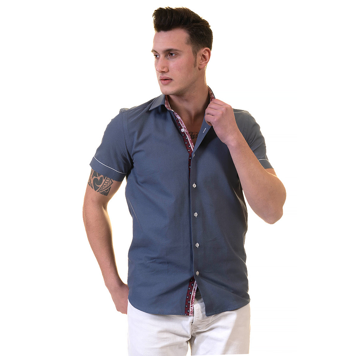 Dark Blue Mens Short Sleeve Button up Shirts - Tailored Slim Fit Cotton Dress Shirts - Image 3