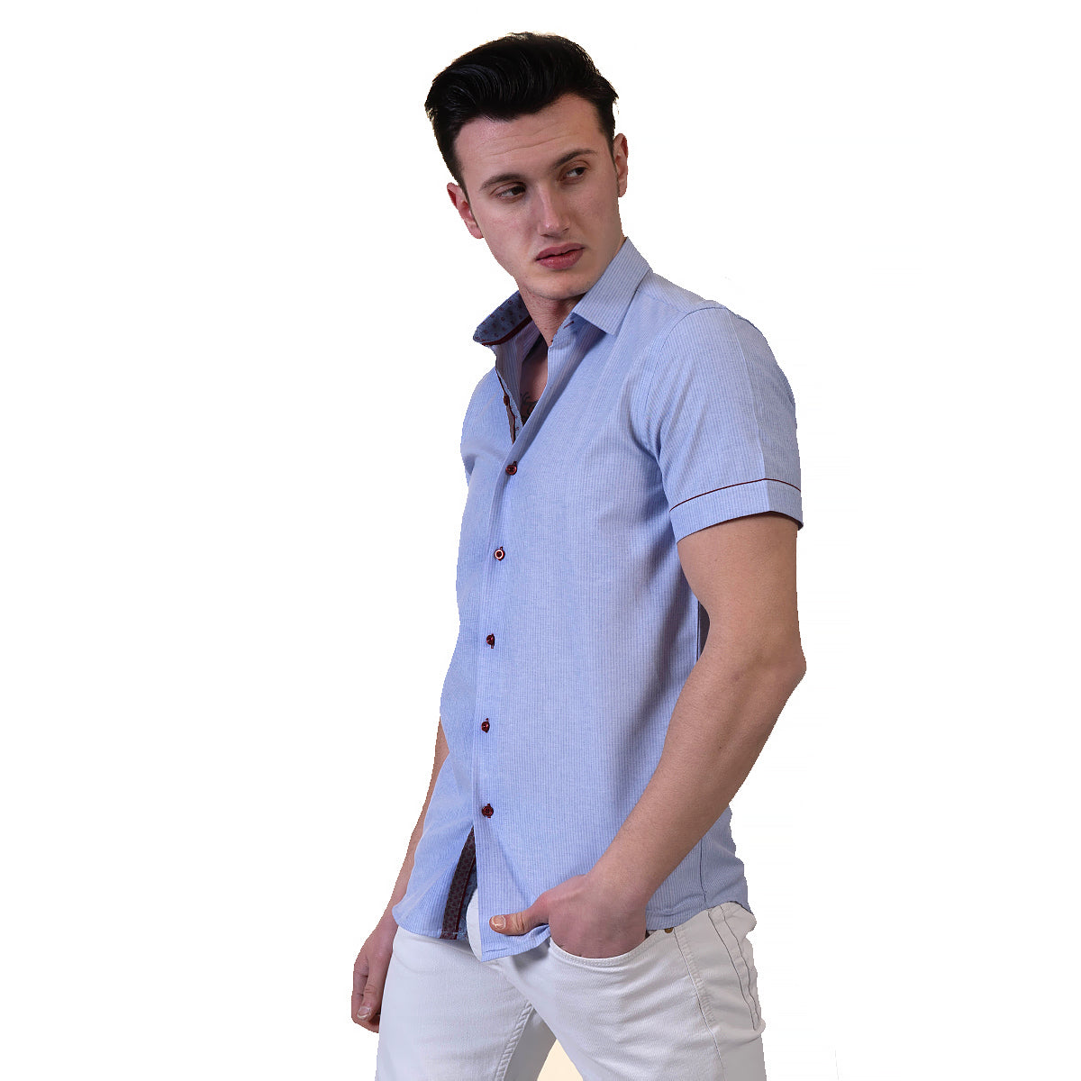Mens Sky Blue Short Sleeve Button up Shirts - Tailored Slim Fit Cotton Dress Shirts - Image 3