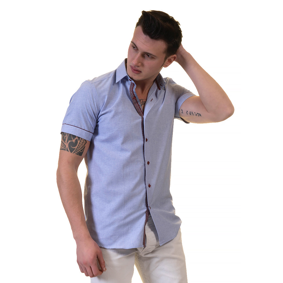 Mens Sky Blue Short Sleeve Button up Shirts - Tailored Slim Fit Cotton Dress Shirts - Image 5