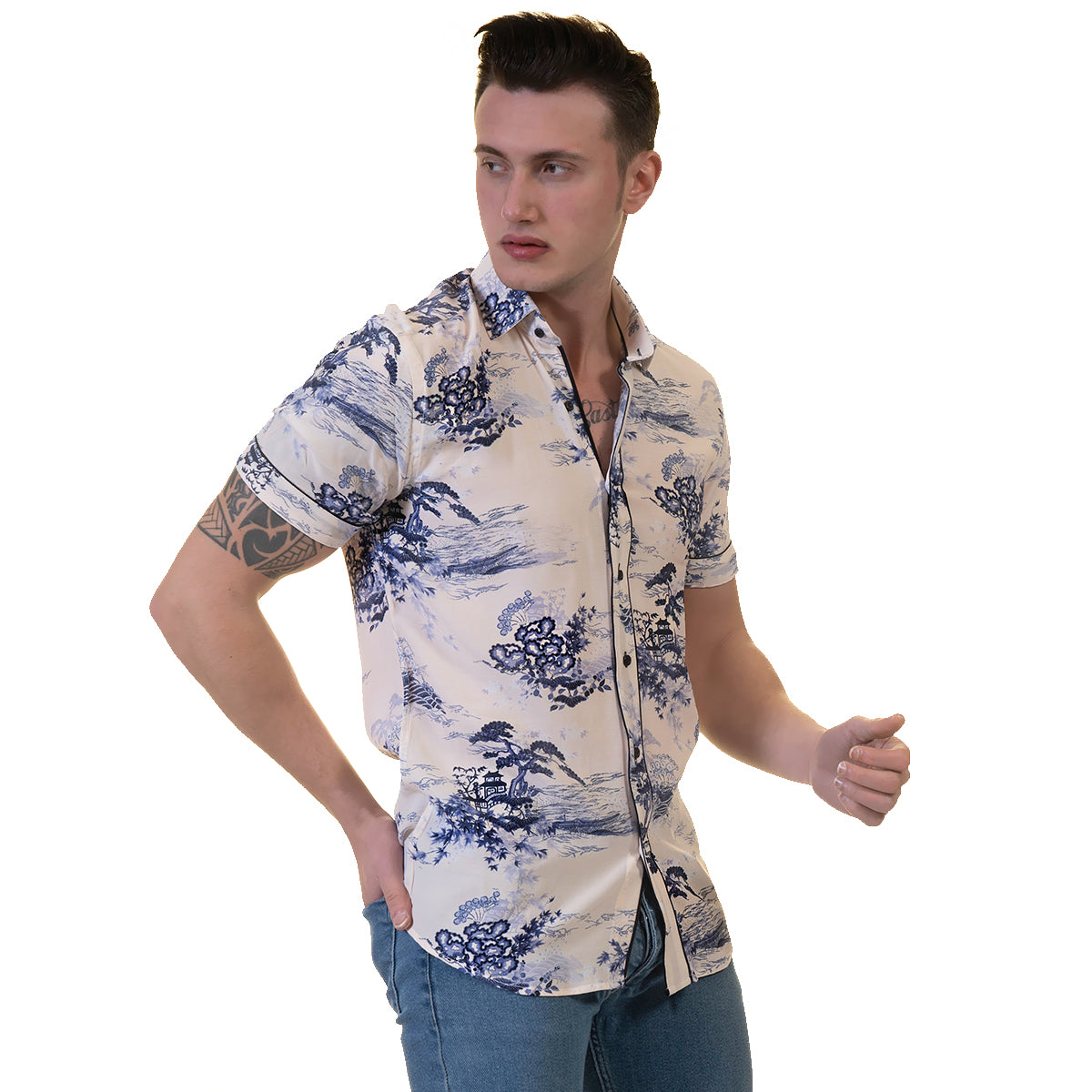 Floral Mens Short Sleeve Button up Shirts - Tailored Slim Fit Cotton Dress Shirts - Image 4