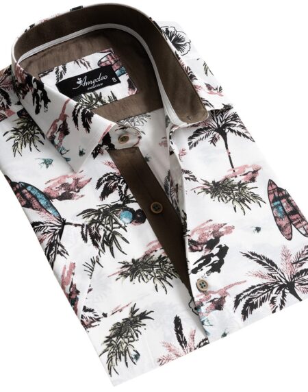 European Tailored Slim Fit Soft Cotton Men's Brown Multicolor Floral Short Sleeve Button Up Shirt - Amedeo Exclusive