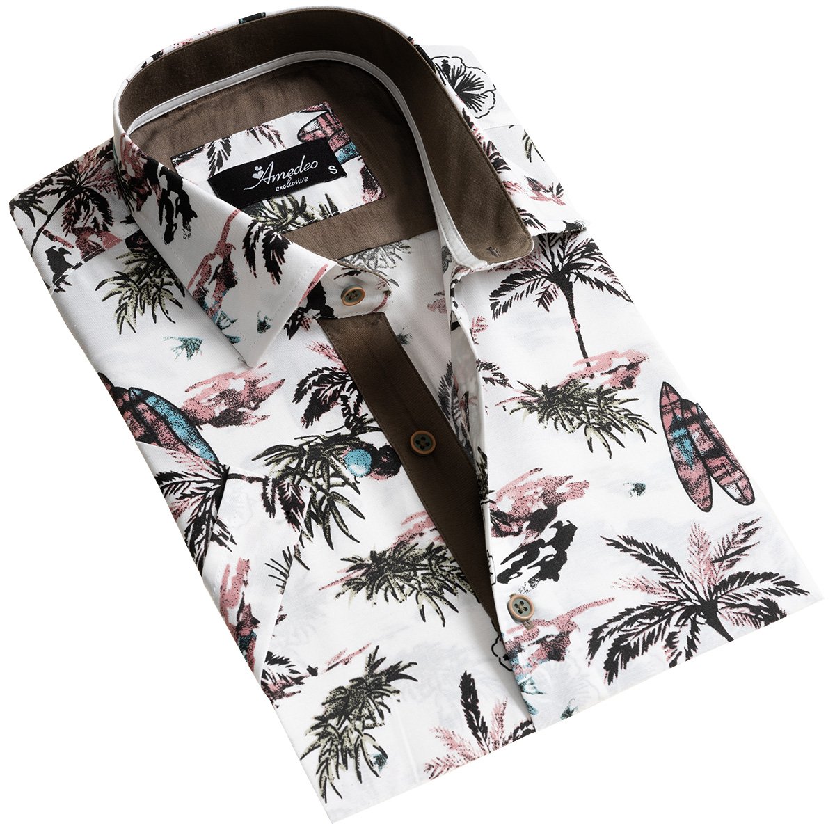 European Tailored Slim Fit Soft Cotton Men's Brown Multicolor Floral Short Sleeve Button Up Shirt - Amedeo Exclusive