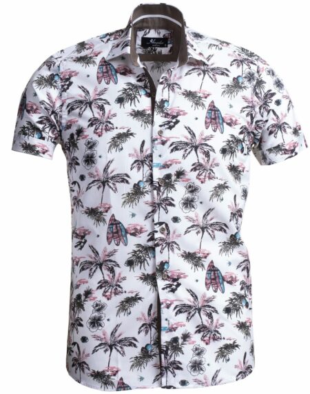 European Tailored Slim Fit Soft Cotton Men's Brown Multicolor Floral Short Sleeve Button Up Shirt - Amedeo Exclusive