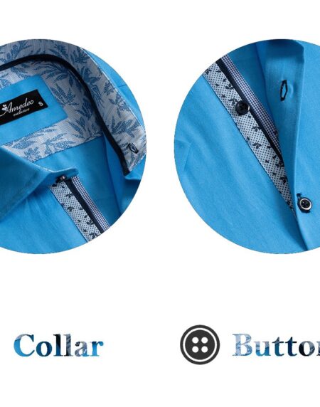 European Tailored Slim Fit Soft Cotton Men's Blue Short Sleeve Button Up Shirt - Amedeo Exclusive