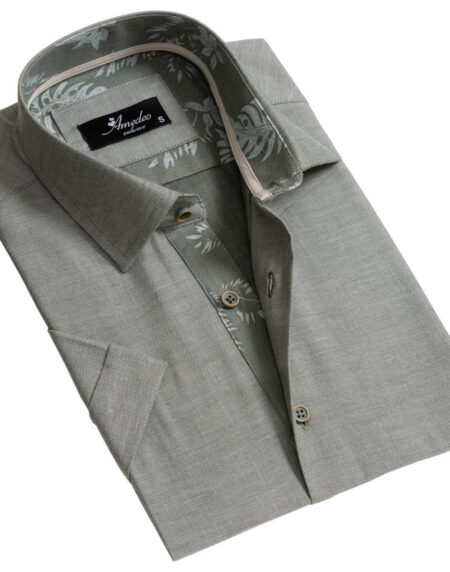 European Tailored Slim Fit Soft Cotton Men's Dark Silver Short Sleeve Button Up Shirt - Amedeo Exclusive