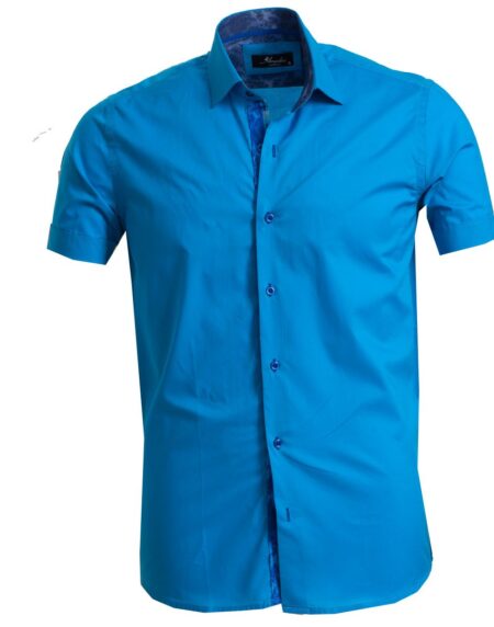 Men's Button down Tailor Fit Soft 100% Cotton Short Sleeve Dress Shirt Solid Medium Blue casual And Formal - Amedeo Exclusive
