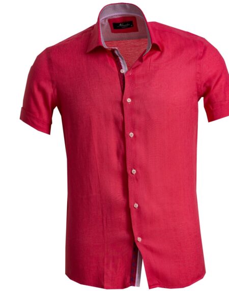 Men's Button down Tailor Fit Soft 100% Cotton Short Sleeve Dress Shirt Solid Bright Red casual And Formal - Amedeo Exclusive