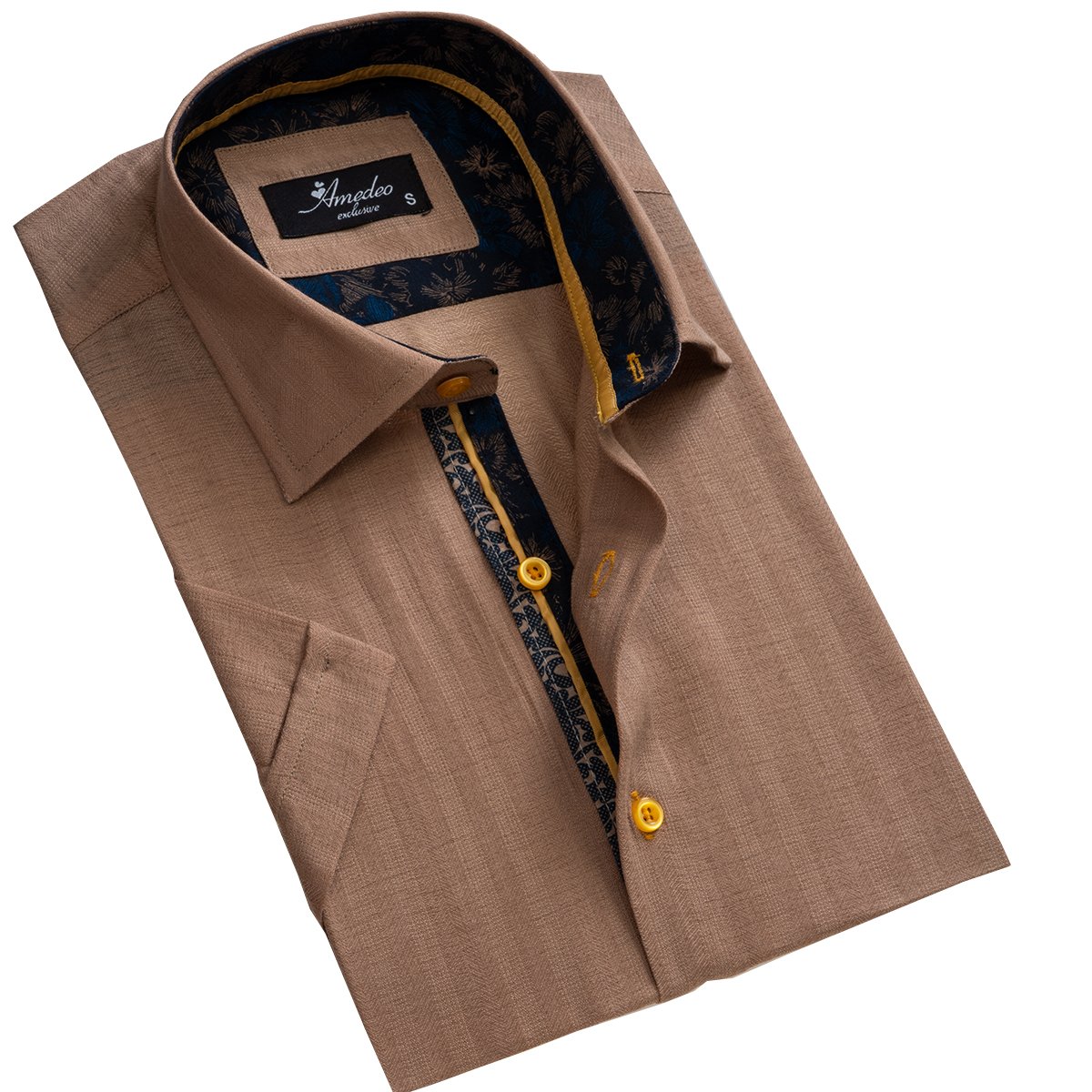Men's Button down Tailor Fit Soft 100% Cotton Short Sleeve Dress Shirt Solid Light Brown casual And Formal - Amedeo Exclusive