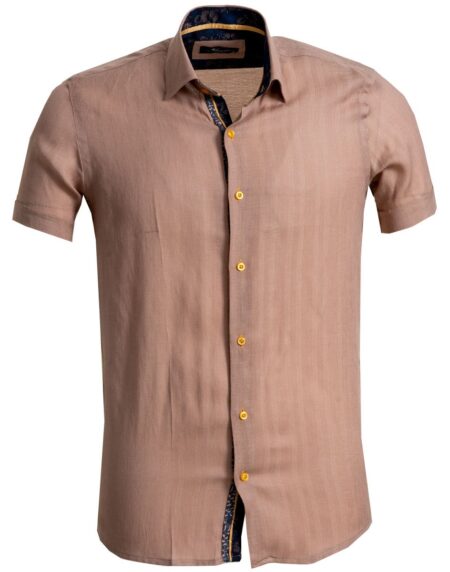 Men's Button down Tailor Fit Soft 100% Cotton Short Sleeve Dress Shirt Solid Light Brown casual And Formal - Amedeo Exclusive
