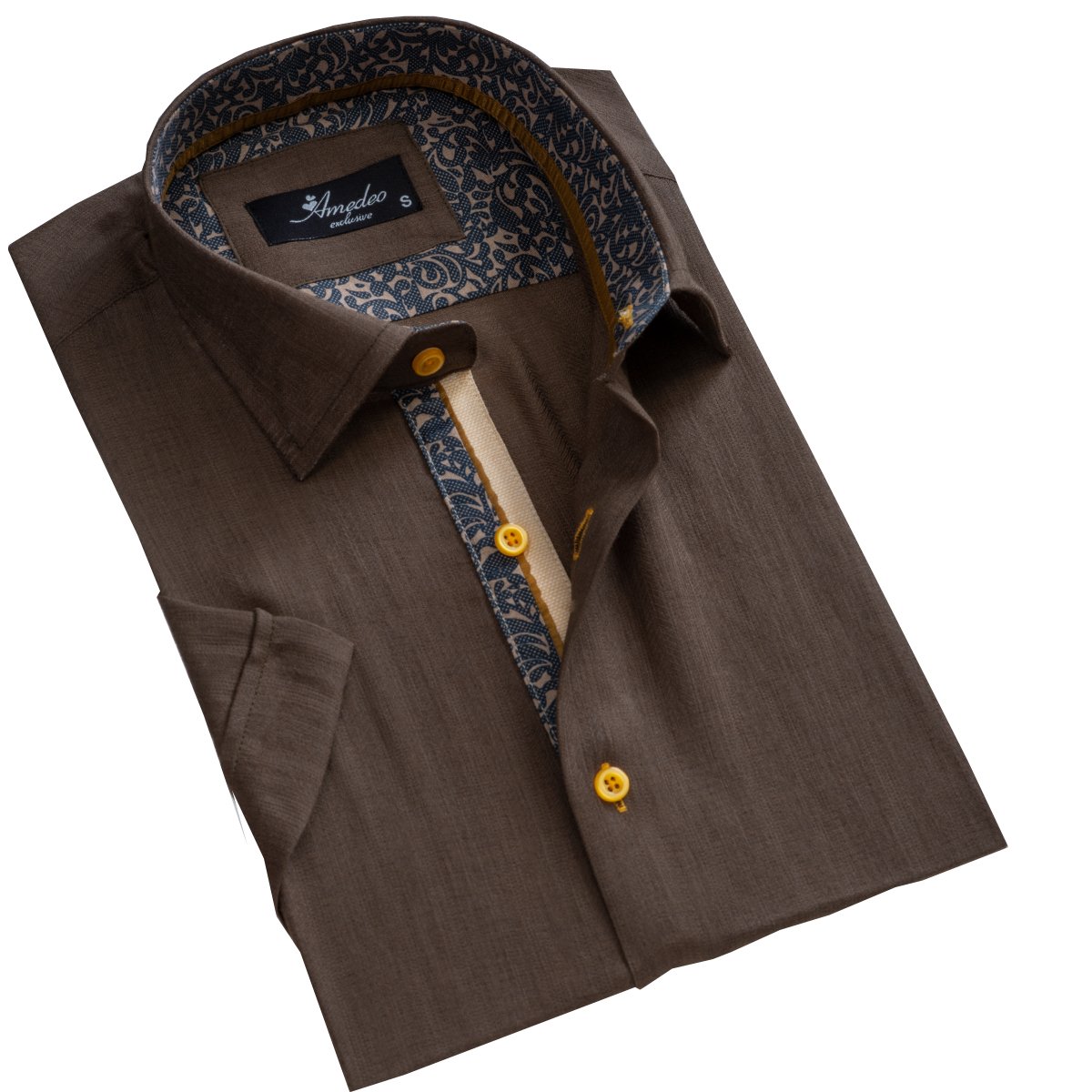 Men's Button down Tailor Fit Soft 100% Cotton Short Sleeve Dress Shirt Solid Dark Brown casual And Formal - Amedeo Exclusive
