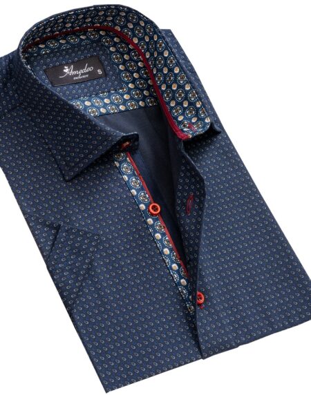 Men's Button down Tailor Fit Soft 100% Cotton Short Sleeve Dress Shirt Navy Blue Circles casual And Formal - Amedeo Exclusive