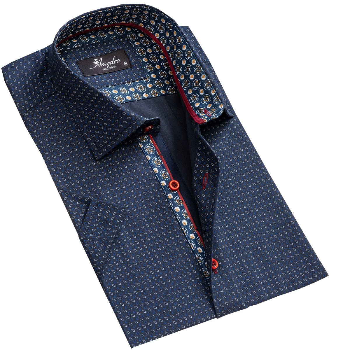 Men's Button down Tailor Fit Soft 100% Cotton Short Sleeve Dress Shirt Navy Blue Circles casual And Formal - Amedeo Exclusive
