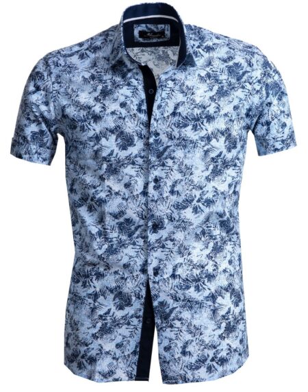Men's Button down Tailor Fit Soft 100% Cotton Short Sleeve Dress Shirt Light Blue Floral Paisley casual And Formal - Amedeo Exclusive