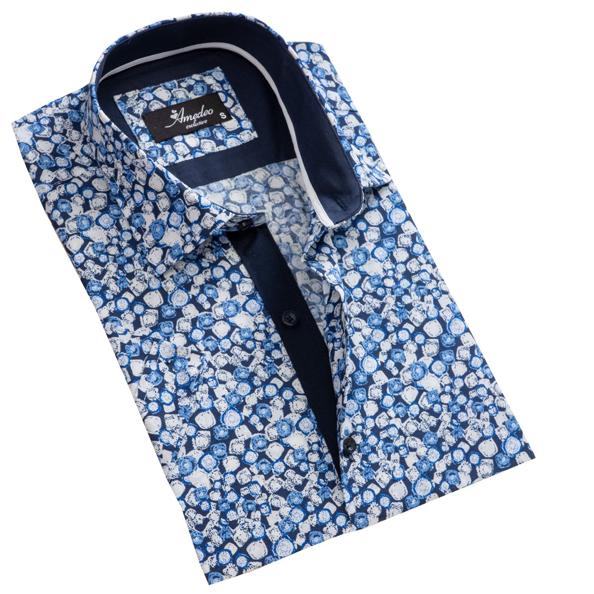 Men's Button down Tailor Fit Soft 100% Cotton Short Sleeve Dress Shirt White Blue Circles casual And Formal - Amedeo Exclusive