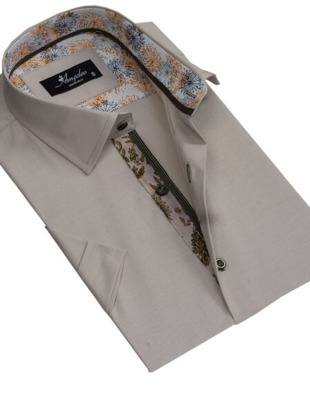 Men's Button down Tailor Fit Soft 100% Cotton Short Sleeve Dress Shirt Solid Beige casual And Formal - Amedeo Exclusive