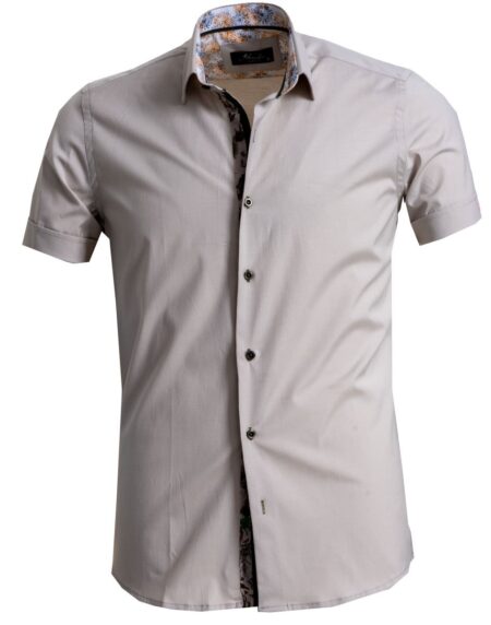 Men's Button down Tailor Fit Soft 100% Cotton Short Sleeve Dress Shirt Solid Beige casual And Formal - Amedeo Exclusive
