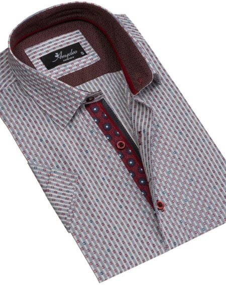 Men's Button down Tailor Fit Soft 100% Cotton Short Sleeve Dress Shirt Beige Burgundy casual And Formal - Amedeo Exclusive