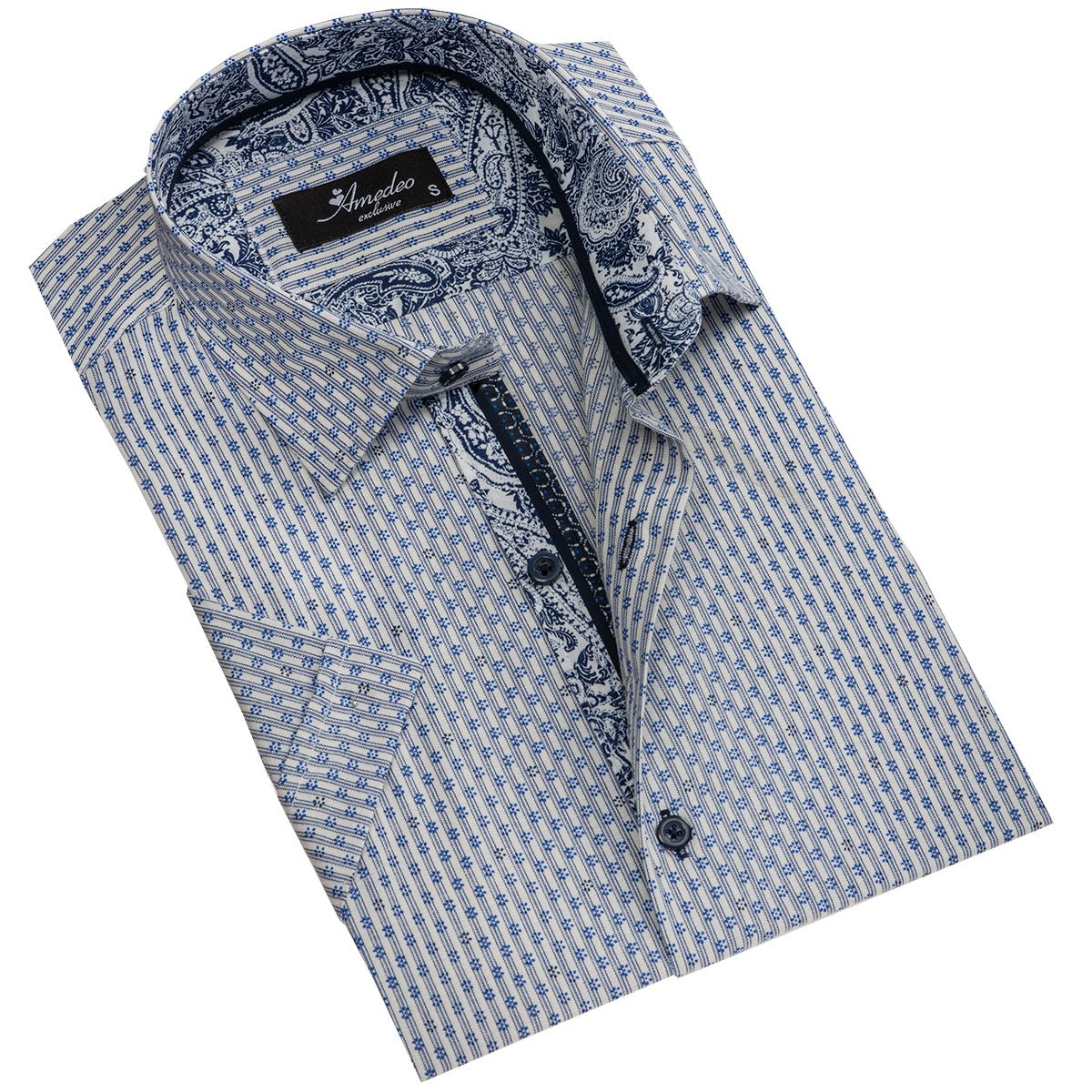 Men's Button down Tailor Fit Soft 100% Cotton Short Sleeve Dress Shirt Blue Grey casual And Formal - Amedeo Exclusive