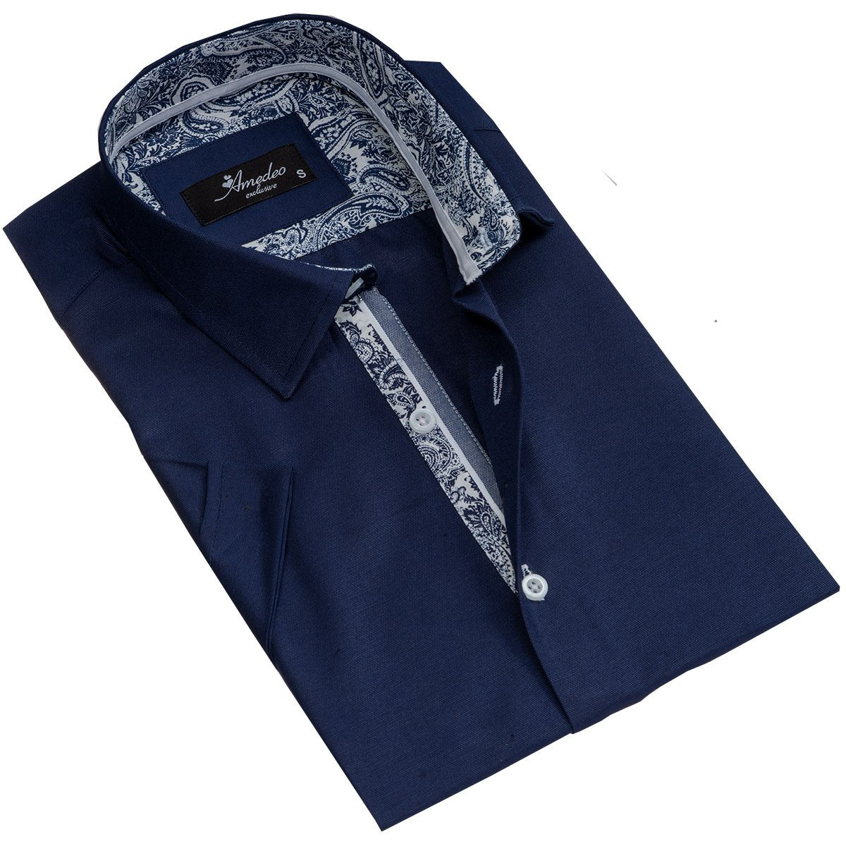 Men's Button down Tailor Fit Soft 100% Cotton Short Sleeve Dress Shirt Solid Navy Blue casual And Formal - Amedeo Exclusive