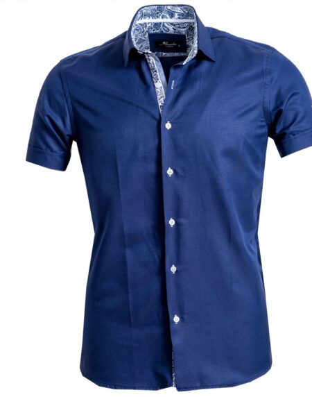 Men's Button down Tailor Fit Soft 100% Cotton Short Sleeve Dress Shirt Solid Navy Blue casual And Formal - Amedeo Exclusive
