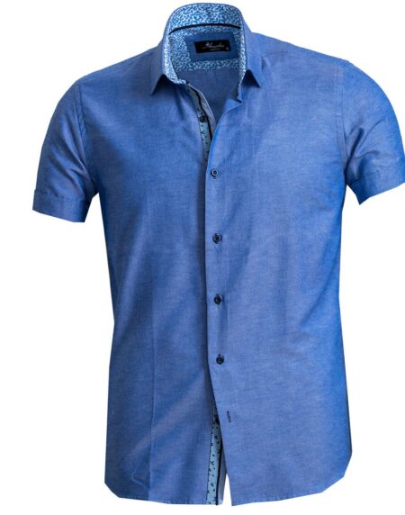 Men's Button down Tailor Fit Soft 100% Cotton Short Sleeve Dress Shirt Denim Blue casual And Formal - Amedeo Exclusive