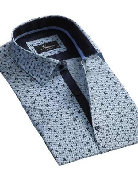 Men's Button down Tailor Fit Soft 100% Cotton Short Sleeve Dress Shirt Light Blue Floral casual And Formal - Amedeo Exclusive