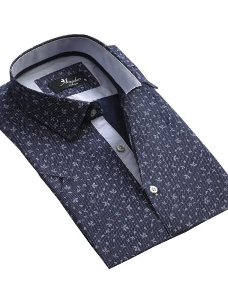 Men's Button down Tailor Fit Soft 100% Cotton Short Sleeve Dress Shirt Blue Dotted Floral casual And Formal - Amedeo Exclusive