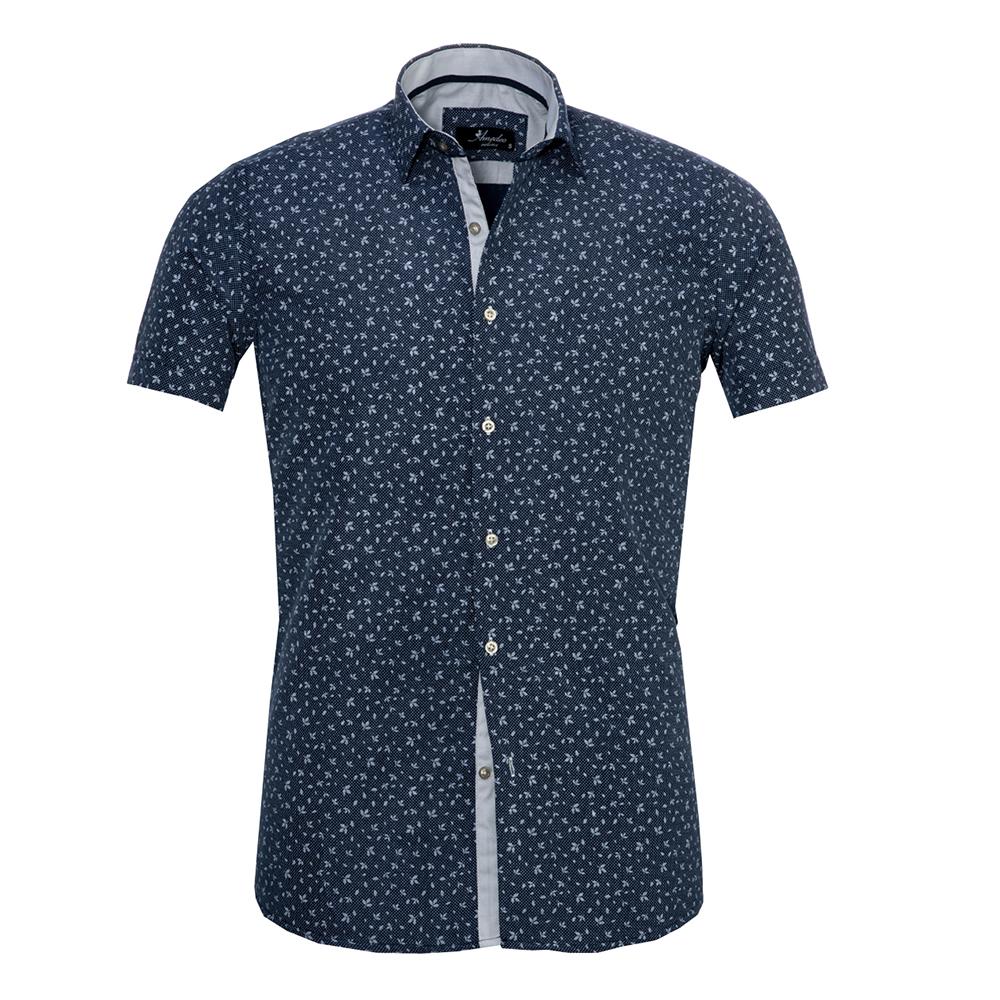 Men's Button down Tailor Fit Soft 100% Cotton Short Sleeve Dress Shirt Blue Dotted Floral casual And Formal - Amedeo Exclusive