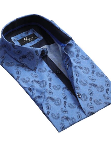 Men's Button down Tailor Fit Soft 100% Cotton Short Sleeve Dress Shirt Denim Blue Paisley casual And Formal - Amedeo Exclusive