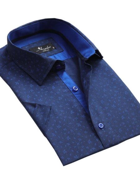 Men's Button down Tailor Fit Soft 100% Cotton Short Sleeve Dress Shirt Dark Blue Floral casual And Formal - Amedeo Exclusive
