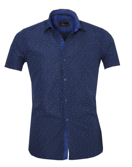 Men's Button down Tailor Fit Soft 100% Cotton Short Sleeve Dress Shirt Dark Blue Floral casual And Formal - Amedeo Exclusive
