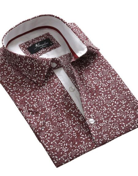 Men's Button down Tailor Fit Soft 100% Cotton Short Sleeve Dress Shirt Burgandy Floral casual And Formal - Amedeo Exclusive