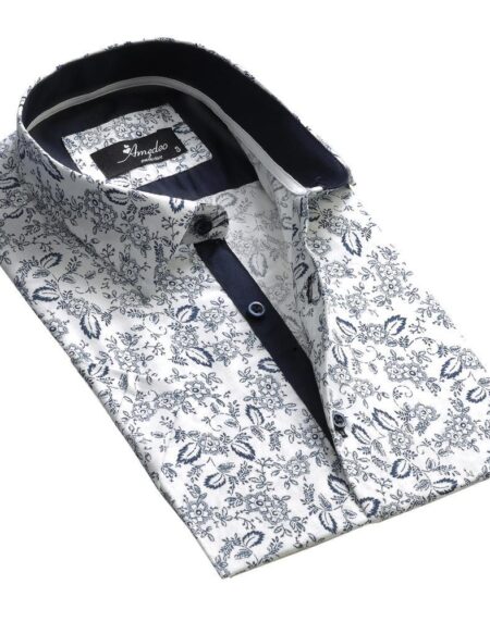 Men's Button down Tailor Fit Soft 100% Cotton Short Sleeve Dress Shirt White Navy Blue Floral casual And Formal - Amedeo Exclusive
