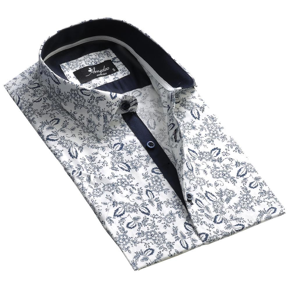Men's Button down Tailor Fit Soft 100% Cotton Short Sleeve Dress Shirt White Navy Blue Floral casual And Formal - Amedeo Exclusive