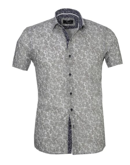 Men's Button down Tailor Fit Soft 100% Cotton Short Sleeve Dress Shirt Light Grey Floral casual And Formal - Amedeo Exclusive