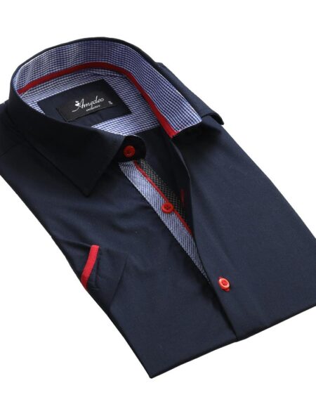 Men's Button down Tailor Fit Soft 100% Cotton Short Sleeve Dress Shirt Solid Navy Blue casual And Formal - Amedeo Exclusive