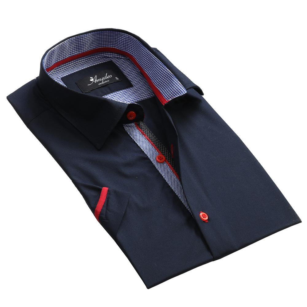 Men's Button down Tailor Fit Soft 100% Cotton Short Sleeve Dress Shirt Solid Navy Blue casual And Formal - Amedeo Exclusive