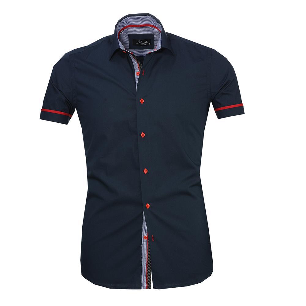 Men's Button down Tailor Fit Soft 100% Cotton Short Sleeve Dress Shirt Solid Navy Blue casual And Formal - Amedeo Exclusive