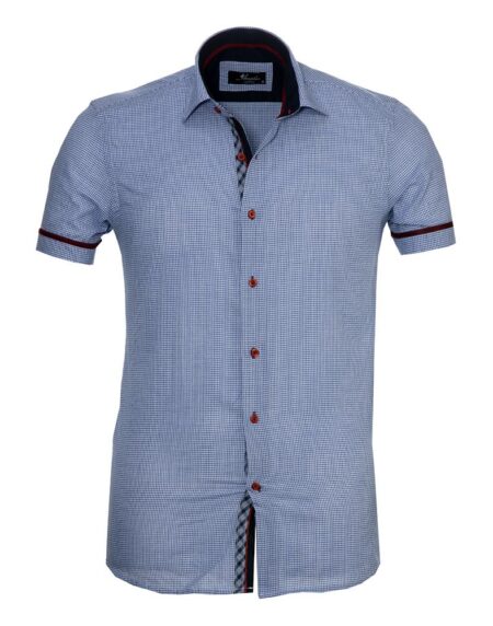 Men's Button down Tailor Fit Soft 100% Cotton Short Sleeve Dress Shirt Light Blue Check casual And Formal - Amedeo Exclusive