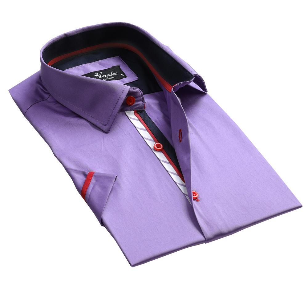 Men's Button down Tailor Fit Soft 100% Cotton Short Sleeve Dress Shirt Solid Light Purple casual And Formal - Amedeo Exclusive