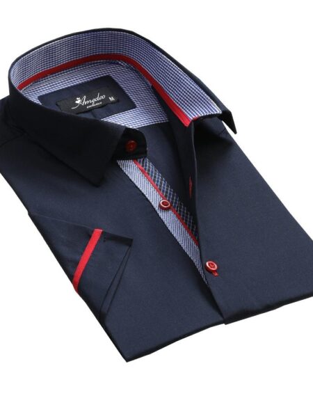 Men's Button down Tailor Fit Soft 100% Cotton Short Sleeve Dress Shirt Solid Navy Blue casual And Formal - Amedeo Exclusive