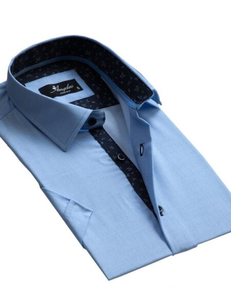 Men's Button down Tailor Fit Soft 100% Cotton Short Sleeve Dress Shirt Solid Light Blue casual And Formal - Amedeo Exclusive
