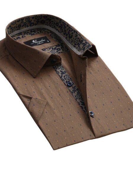 Men's Button down Tailor Fit Soft 100% Cotton Short Sleeve Dress Shirt Light Brown casual And Formal - Amedeo Exclusive