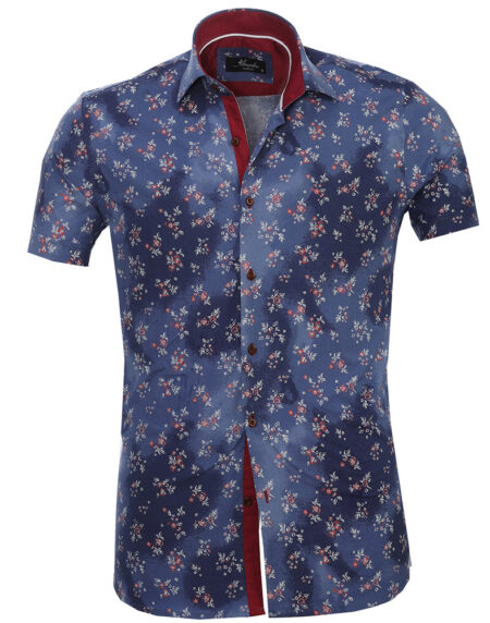 Men's Button down Tailor Fit Soft 100% Cotton Short Sleeve Dress Shirt Blue with Red Floral casual And Formal - Amedeo Exclusive