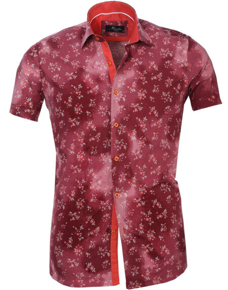 Men's Button down Tailor Fit Soft 100% Cotton Short Sleeve Dress Shirt Red with White Floral casual And Formal - Amedeo Exclusive